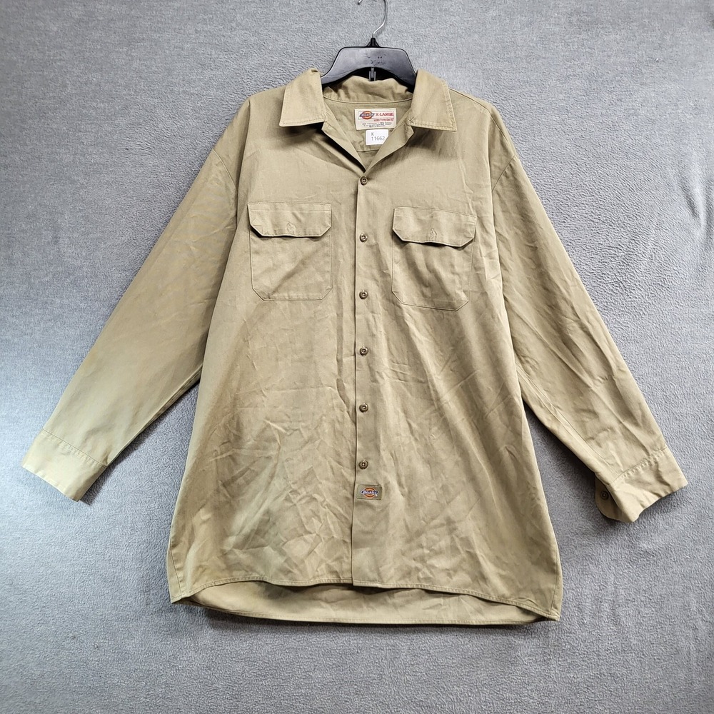 Dickies Men Button Up Shirt XL Beige Pockets Workwear Long Sleeve Collar